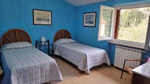 two beds in a room with blue walls at A casa di Berta in Pietrasanta