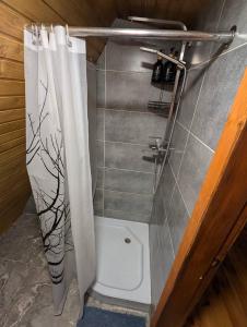 a bathroom with a toilet and a shower curtain at Lav inn Polyanna Простір in Polyana +24 photos