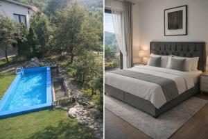 a hotel room with a bed and a swimming pool at Sarajevo Hills-POOL&JACUZZI private garden Home-Near Old Town in Sarajevo