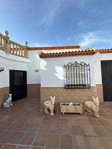 a patio with three statues of cats and a bench at Casa Cueva Conde in Guadix