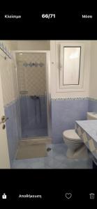 a bathroom with a shower and a toilet and a window at SAN FLORAN in Áyios Flóros +15 photos