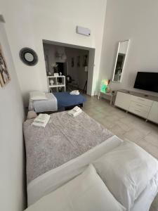 a living room with two beds and a flat screen tv at Apulian Dreams in Brindisi