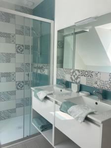 a bathroom with a sink and a mirror at Gîte Les Douets in Isigny-le-Buat