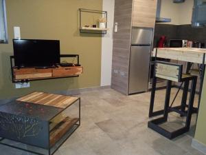 a living room with a television and a kitchen at Gite l'Amazonite in Laville-aux-Bois
