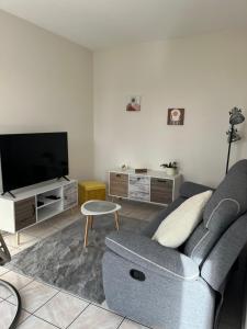 a living room with a couch and a tv at Appart Cosy Centre ville -proche gare in Châtellerault