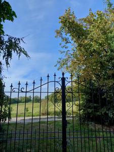 a wrought iron fence with a field behind it at Gastenverblijf Onder een Oude Eik in Tongeren