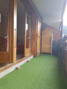 a room with a green floor with wooden doors at Abondance studio la marmotte in Abondance +10 photos