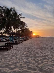 a beach with chairs and palm trees at sunset at Maria's place in Tujering