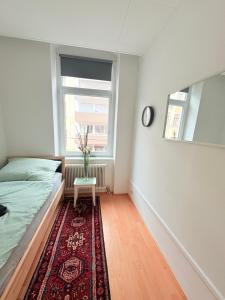 a bedroom with a bed and a window and a rug at Beenie 18 in Linz