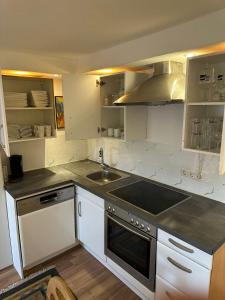 a kitchen with a sink and a stove top oven at Ferienwohnung Im Einklang in Buchen +15 photos
