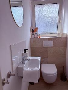 a bathroom with a sink and a toilet and a window at Ferienwohnung Oppenheim in Oppenheim