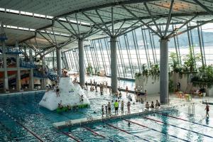 a group of people in a swimming pool at Nordic Comfort Apartment in Trondheim