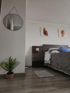 a bedroom with a bed and a potted plant at Departamento Concepción in Concepción +21 photos