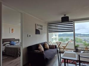 a living room with a couch and a bed and a window at Departamento Concepción in Concepción