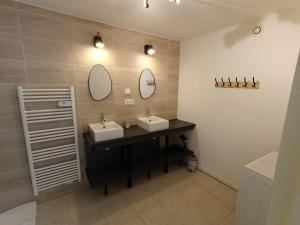a bathroom with two sinks and two mirrors at Gîte ô scope-2km du futuroscope- linges et ménage inclus in Jaunay-Clan +28 photos