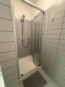 a shower with a glass door in a bathroom at Apartma S in Sežana +35 photos