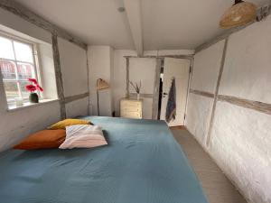 a bedroom with a large blue bed and a window at Frejas bed and kitchen in Langeskov