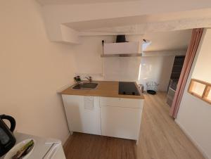 a small kitchen with a sink and a counter at L'oiseau Bleu - Clim - Tout inclus - Terrasse in Aubagne