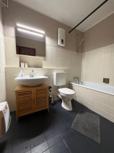 a bathroom with a sink and a toilet and a tub at Ferienwohnung Voges in Bad Lauterberg +16 photos