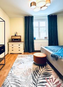 a bedroom with a bed and a television and a rug at KÜCHWALDBLICK Designsuite in Chemnitz
