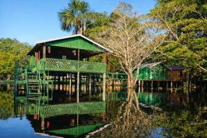 a building on a body of water with trees at Flor da Mata in Iranduba
