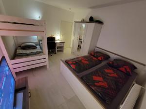 a small bedroom with a bunk bed and a television at 3 WG-geeignete Zimmer zur Selbstverpflegung in Ostfildern