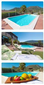 two pictures of a swimming pool with a plate of fruit at Casa Sofia in Ubrique