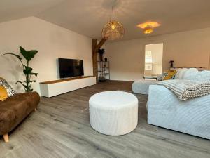 a living room with a couch and a tv at Spessart Escape - Ihr stilvoller Rückzugsort im Herzen des Spessarts in Mespelbrunn