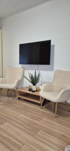 a living room with two chairs and a flat screen tv at Hradecký apartmán LUXURY in Hradec Králové