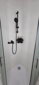 a shower in a white tiled bathroom at Hradecký apartmán LUXURY in Hradec Králové +30 photos