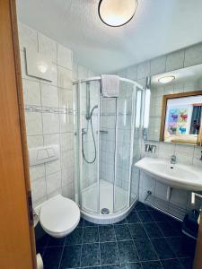 a bathroom with a shower and a toilet and a sink at Apart Jil-Marie Studio 7 in Samnaun