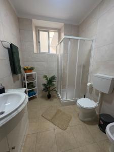 a bathroom with a shower and a toilet and a sink at Casa São Marcos in Peniche +20 photos