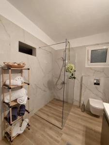 a bathroom with a shower and a toilet and a sink at Pine Lodge in Kavála +27 photos
