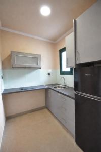 a kitchen with a black refrigerator and a sink at Adriolos Apartments in Liapades