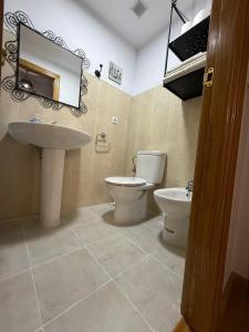 a bathroom with a sink and a toilet and a mirror at El Refugio de la montaña in Arroyo Frio +17 photos