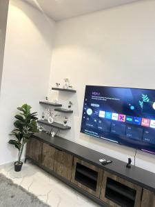 a living room with a large flat screen tv on a wall at Dinems Apartment in Ikeja