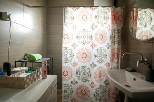 a bathroom with a shower curtain and a sink at BGD Rentals in Donji Milanovac