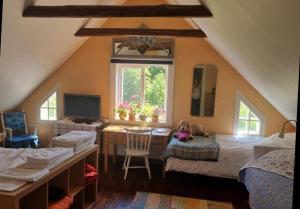 a bedroom with a desk and a bed with a dog laying on it at Elsasgården - Rum för lugn in Mörbylånga