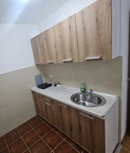 a bathroom with a sink and wooden cabinets at Apartman ROOMZ 42 in Užice +5 photos