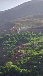 Luftaufnahme eines Tals mit Bäumen und Gebäuden in der Unterkunft Azadne in Oulad Akkou