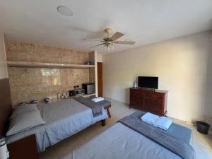 a bedroom with two beds and a ceiling fan at Casa Bugambilia Progreso #1 in Progreso