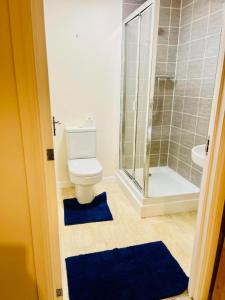 a bathroom with a toilet and a shower with blue rugs at Wilsuel Haven-2Bedroom Aprt in Wolverhampton