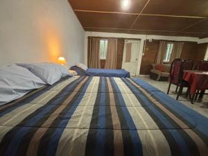 a bedroom with a large bed with a striped blanket at Lo de Celia in Chos Malal