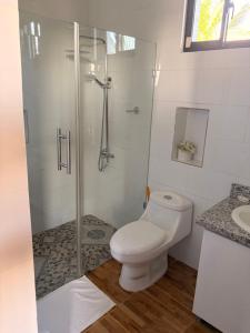 a white bathroom with a toilet and a shower at Hotel Vista al Morro in San Fernando de Monte Cristi +28 photos