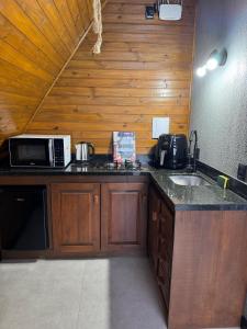 a kitchen with a microwave and a sink at Refúgio do Morro - cabana 2 in Torres