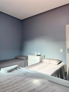 two beds in a room with blue walls at Hotel e Restaurante Santa Isabel in São Raimundo Nonato