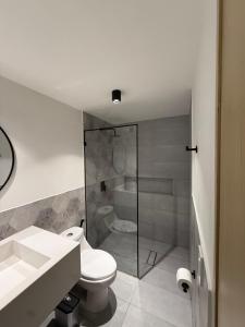 a bathroom with a toilet and a sink and a shower at Aerobeach Apartments in Cartagena de Indias +21 photos