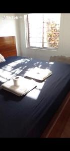 a blue bed with two towels and a cup on it at Dodig in Chincha
