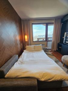 a large bed in a room with a large window at One-Bedroom Apartment with Balcony & Fast WiFi in Bansko