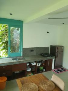 a kitchen with a counter with a sink and a window at casa luna villa in Narigama +46 photos